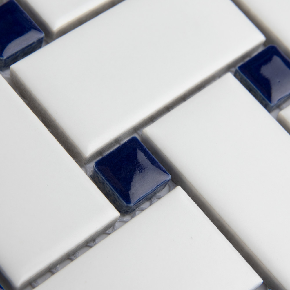Sample – Metro Basketweave White w/ Glossy Cobalt Dot Porcelain Mosaic Tile