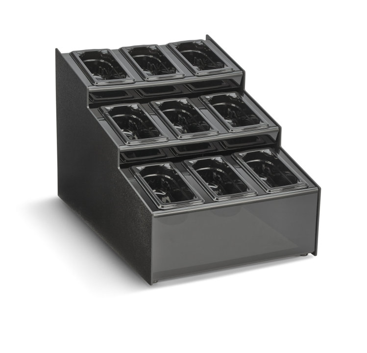 Nine-compartment countertop condiment organizer with removable black plastic pans