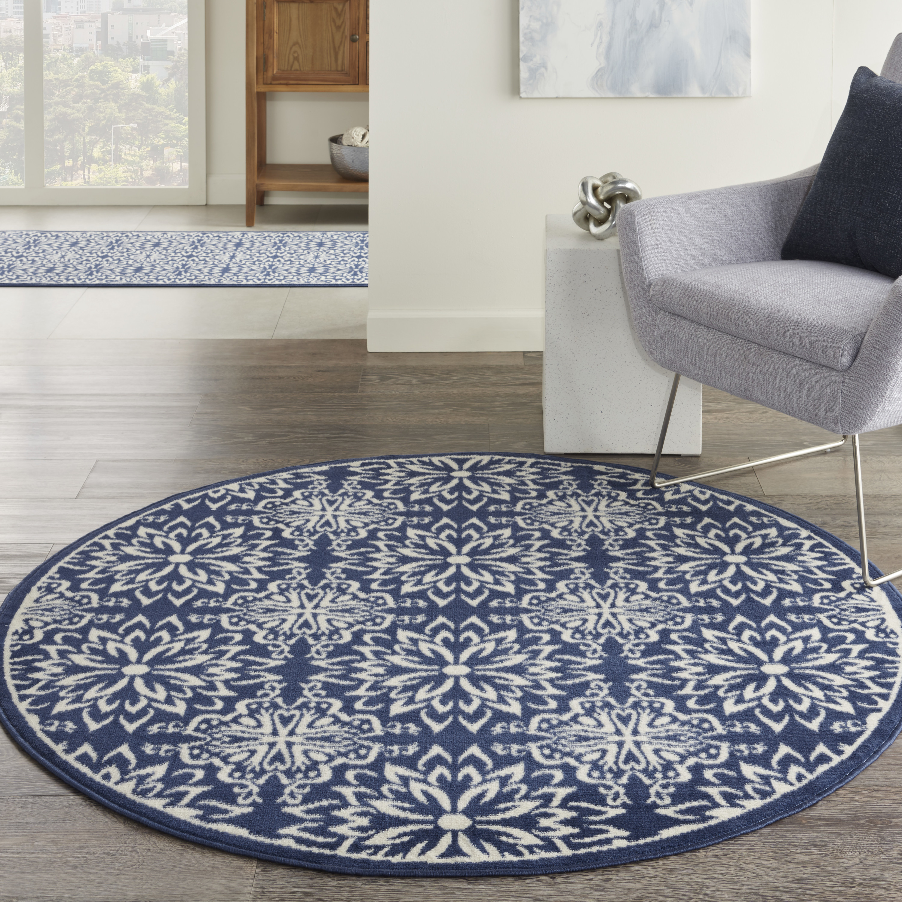 Nourison Jubilant 5'3" x Round Navy Ivory Farmhouse Indoor Rug