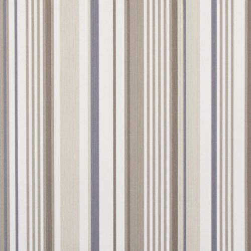 Vertical-striped fabric curtain with alternating cream, beige, taupe and pale blue bands; hanging flat and covering a surface in an indoor setting with soft, even lighting.
