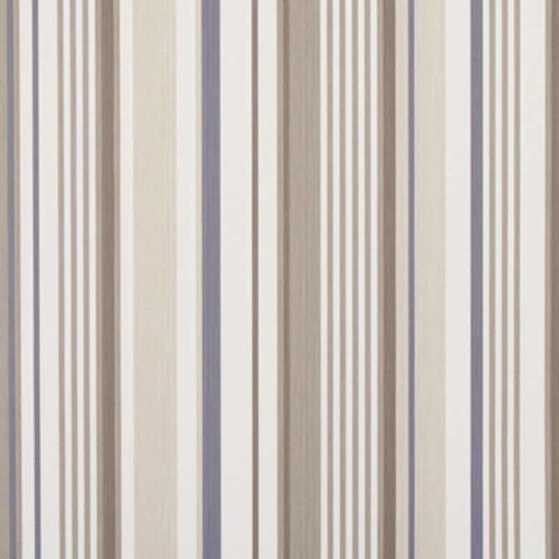 Vertical-striped fabric curtain with alternating cream, beige, taupe and pale blue bands; hanging flat and covering a surface in an indoor setting with soft, even lighting.