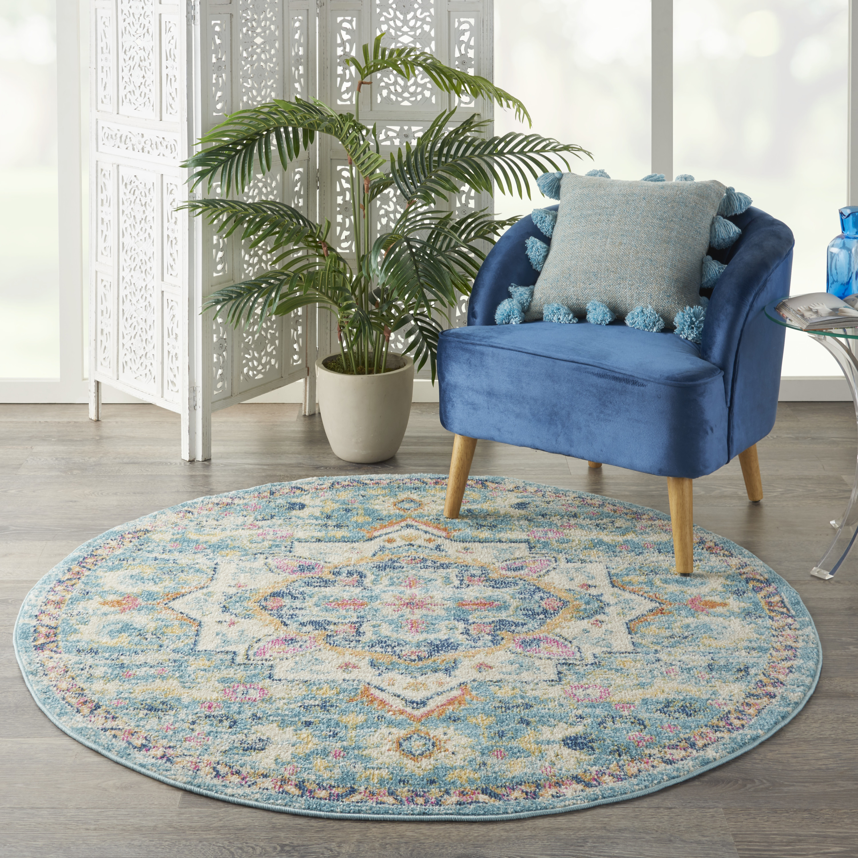 Nourison Passion 4' x Round Ivory Light Blue Bohemian Indoor Rug