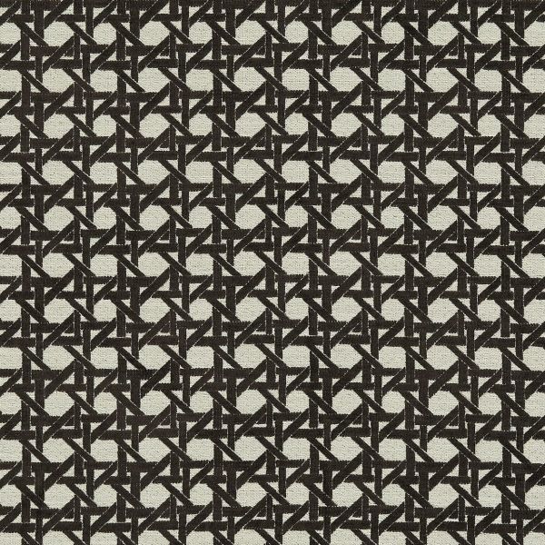 Black angular lattice-patterned fabric covering a surface, repeating tessellated triangles across a textured beige weave, shown as a close-up swatch with neutral lighting and no visible surroundings.