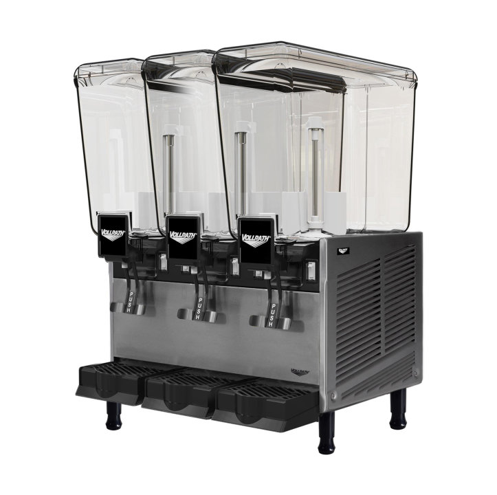 Refrigerated beverage dispenser with three 5.28-gallon bowls and fountain spray circulation