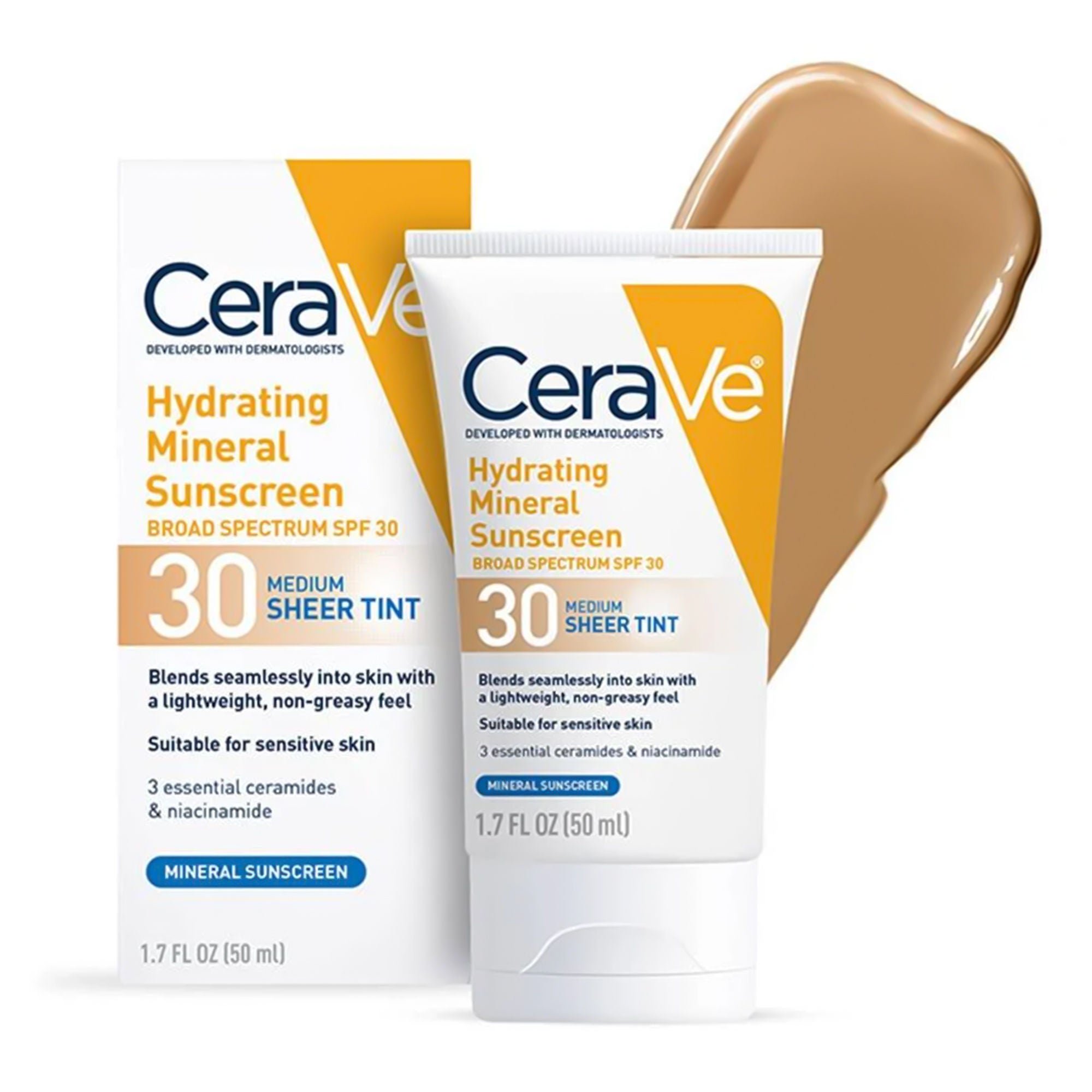 CeraVe® Hydrating Mineral Sunscreen Medium Sheer Tint, SPF 30, 1.7-ounce Tube