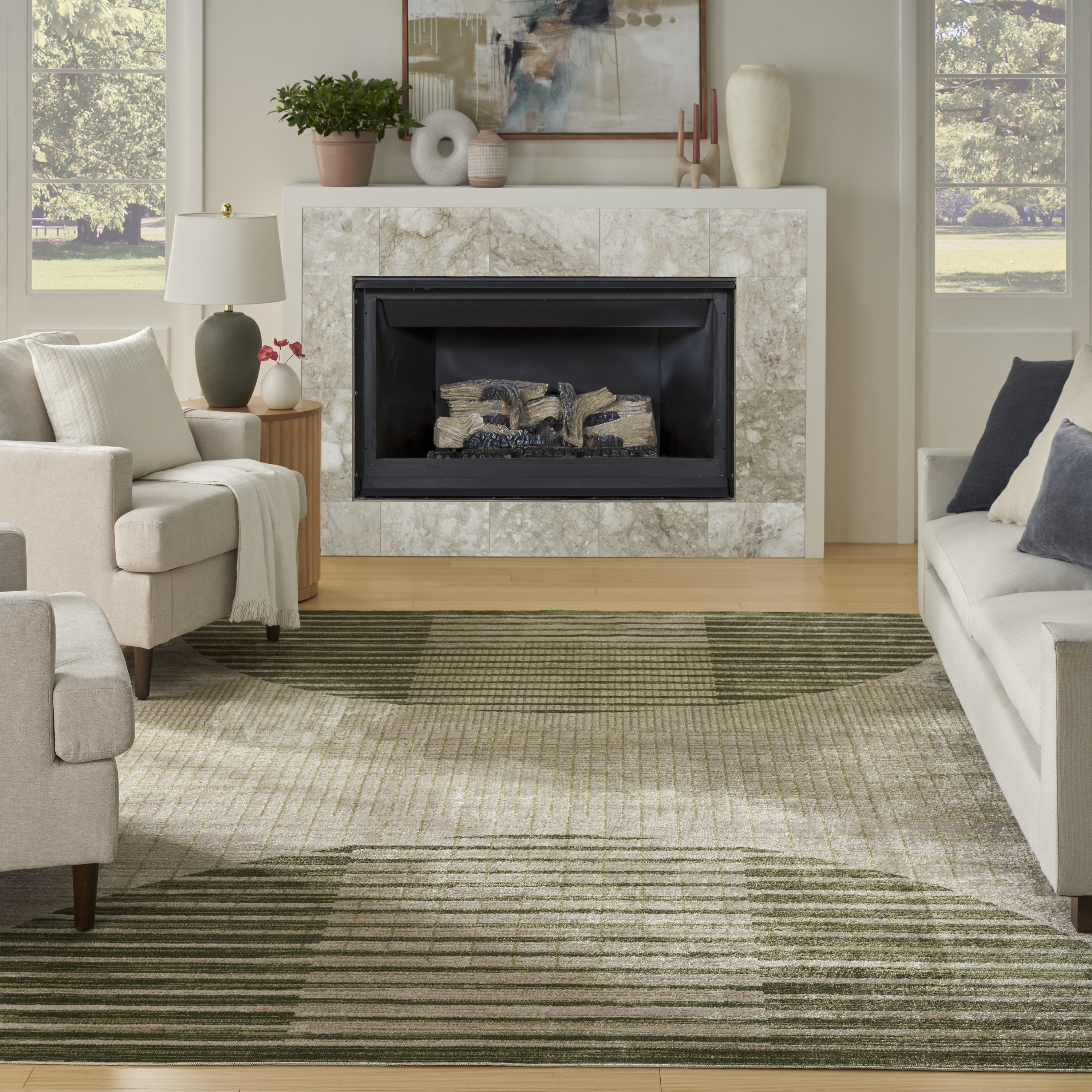 Nourison Astra Machine Washable 6'7" x 9' Ivory Olive Mid-Century Modern Indoor Rug