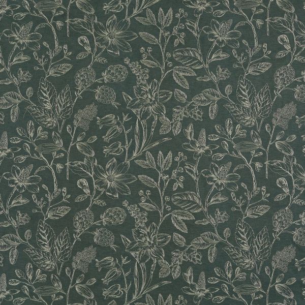Dark green wallpaper with cream, sketch-like botanical and leaf motifs; repeats across a flat surface; close-up, evenly lit, no other objects or room elements visible.