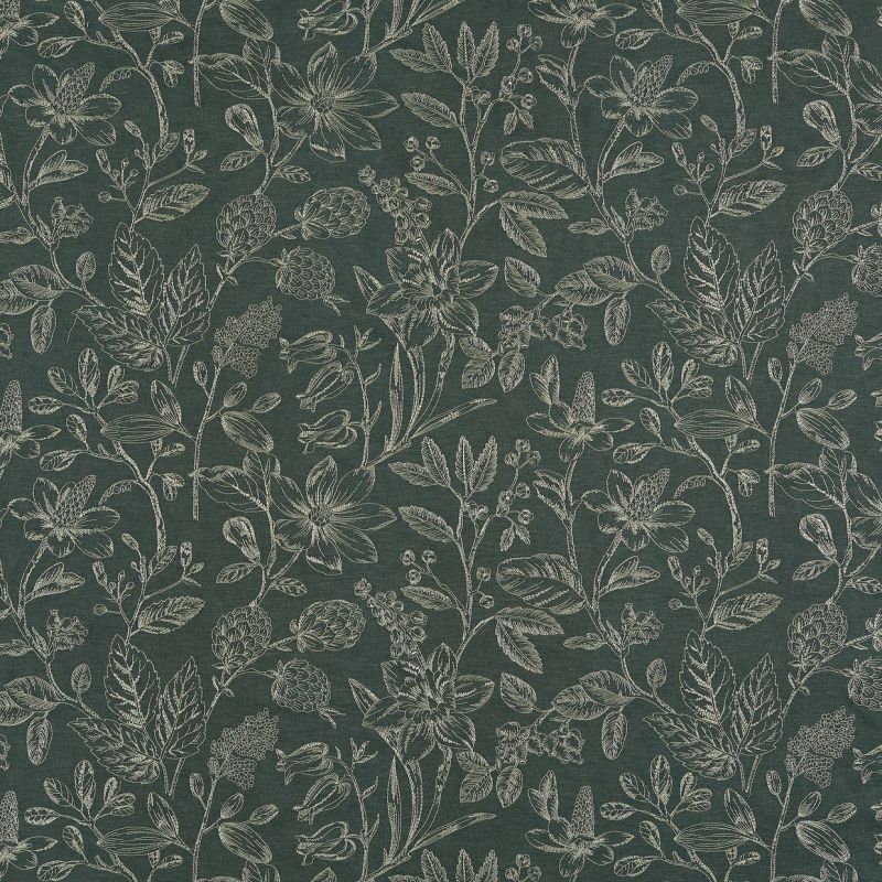 Dark green wallpaper with cream, sketch-like botanical and leaf motifs; repeats across a flat surface; close-up, evenly lit, no other objects or room elements visible.