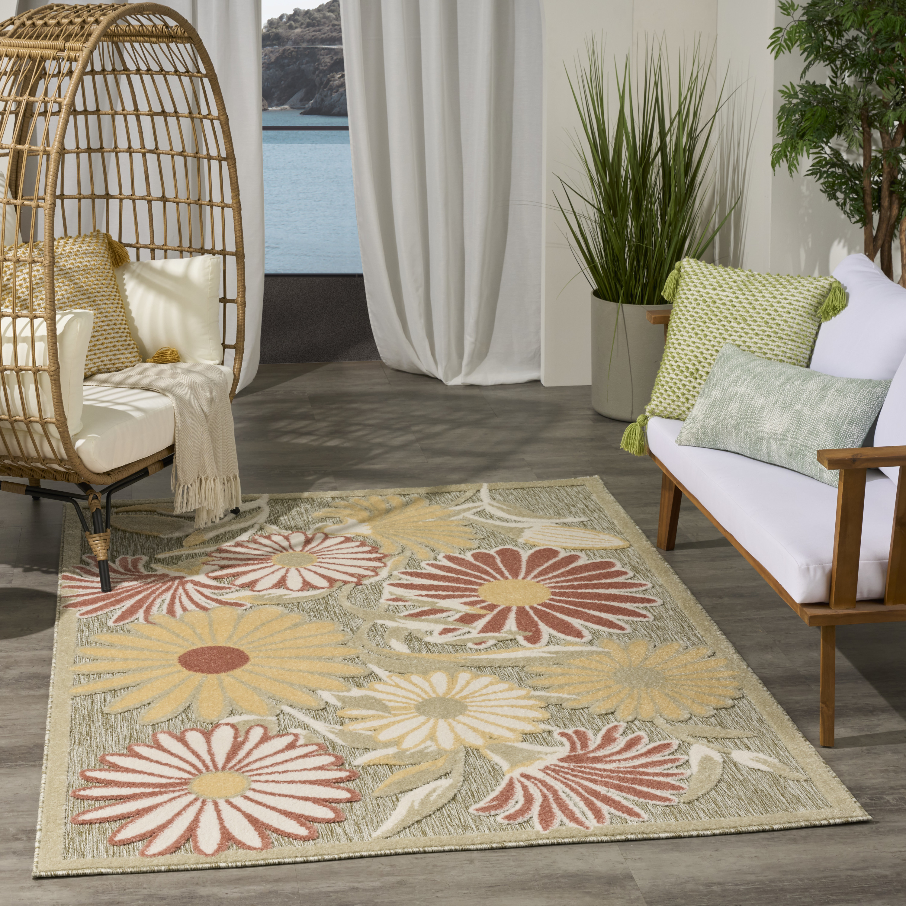 Nourison Aloha 5'3" x 7'5" Sage Rose Outdoor Rug