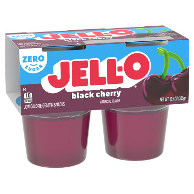 JELL-O Zero Sugar Black Cherry Flavor Gelatin Snack Cups, 4 ct