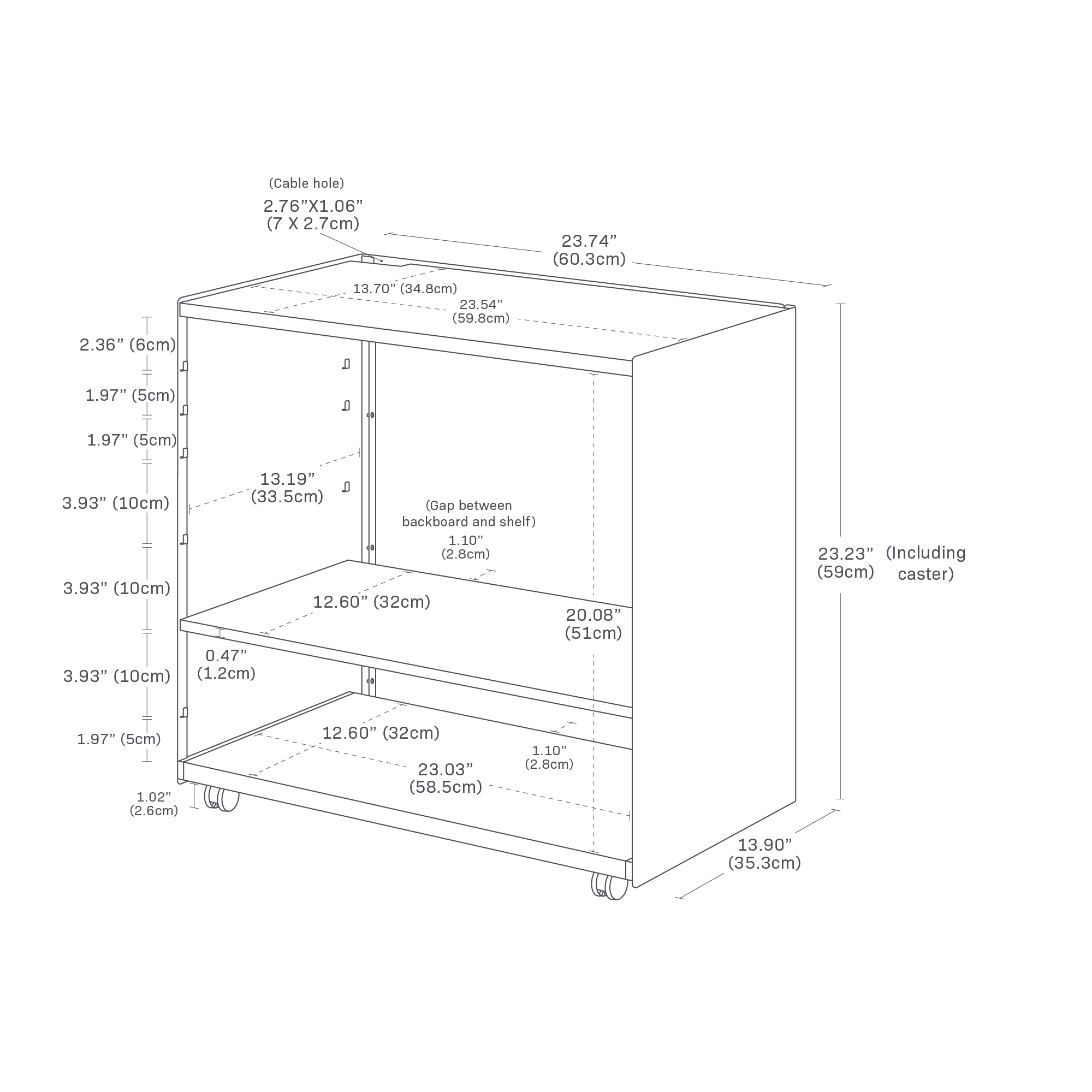 Detailed dimensions image featuring the dimensions L 13.9 x W 23.74 x H 23.23 inches