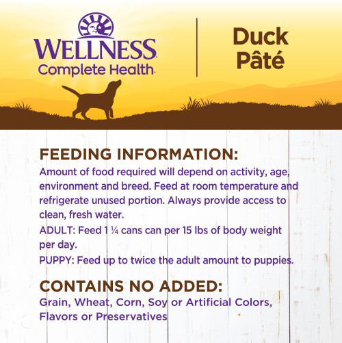 <p>Amount of food required will depend on activity, age, environment and breed. Feed at room temperature and refrigerate unused portion. Always provide access to clean, fresh water.  </p>
<p>Adult: Feed 1 can per 15 lbs of body weight per day<br />
Puppy: Feed up to twice the adult amount to puppies.<br />
Combination Feeding: If feeding with Wellness dry food, reduce dry amount fed by 1/2 cup for every 6 oz of wet food.</p>
