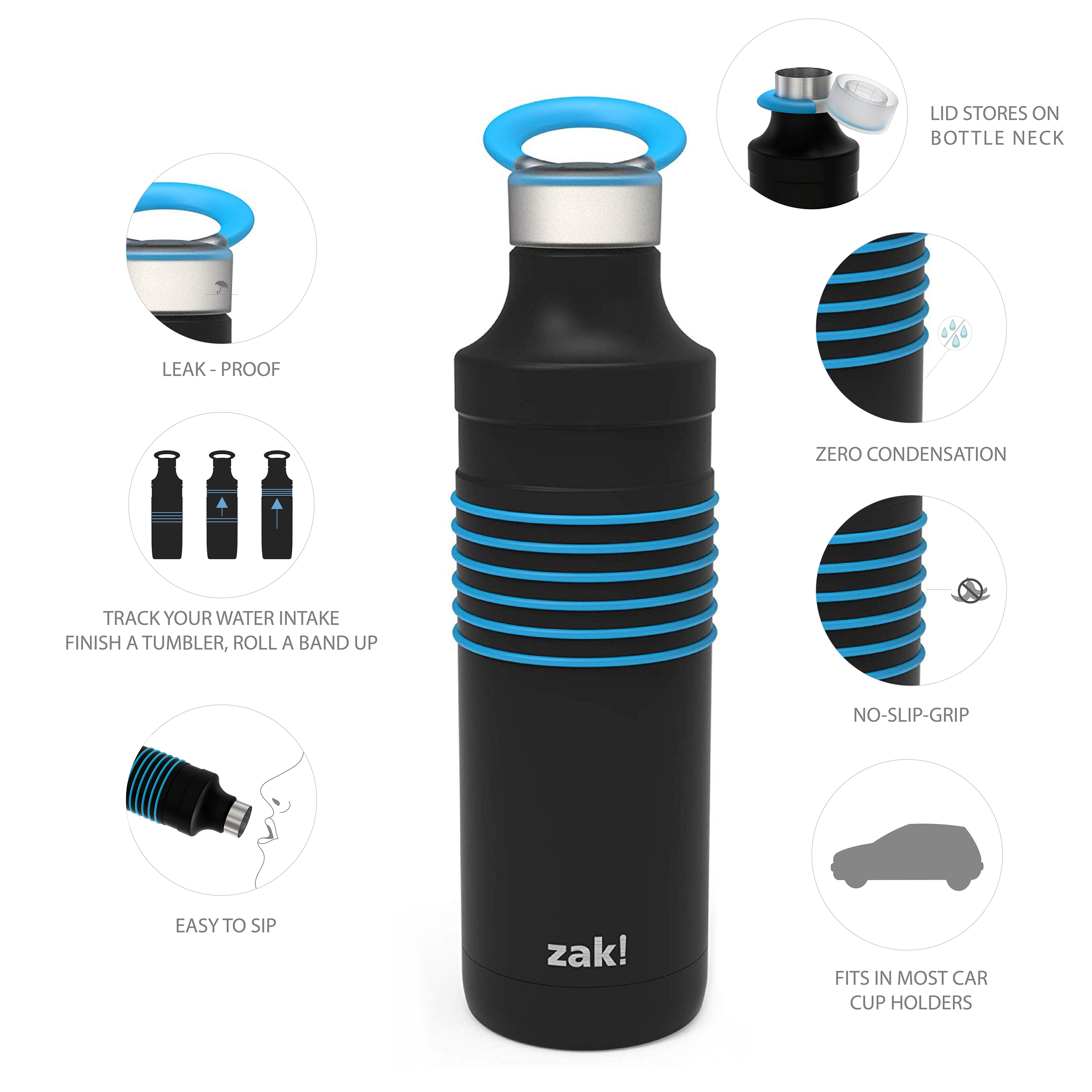 HydraTrak 22 ounce Vacuum Insulated Stainless Steel Tumbler, Black with Blue Rings slideshow image 6 HydraTrak 22 ounce Vacuum Insulated Stainless Steel Tumbler, Black with Blue Rings slideshow image 6