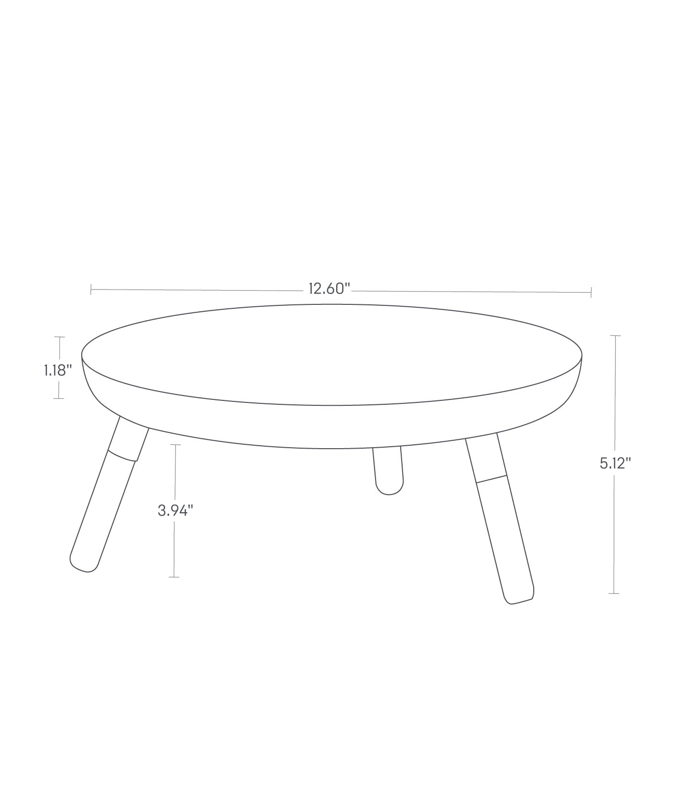 Dimension image for Countertop Pedestal Tray showing total height of 5.12 inches, width of 12.60 inches, tray height of 1.18 inches and 3.94 inches from the bottom of the tray to the floor
