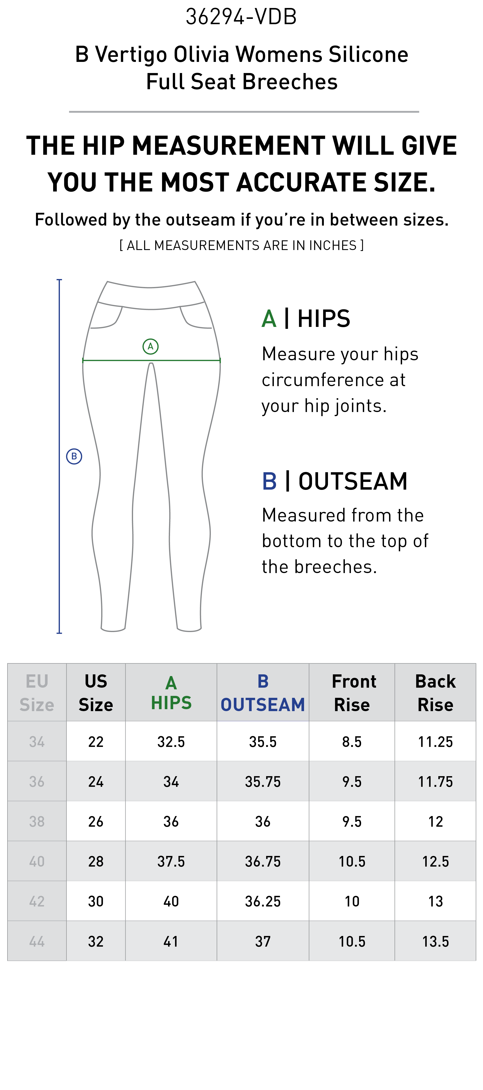Size chart for B Vertigo Olivia Womens Silicone Full Seat Breeches - Dark Navy