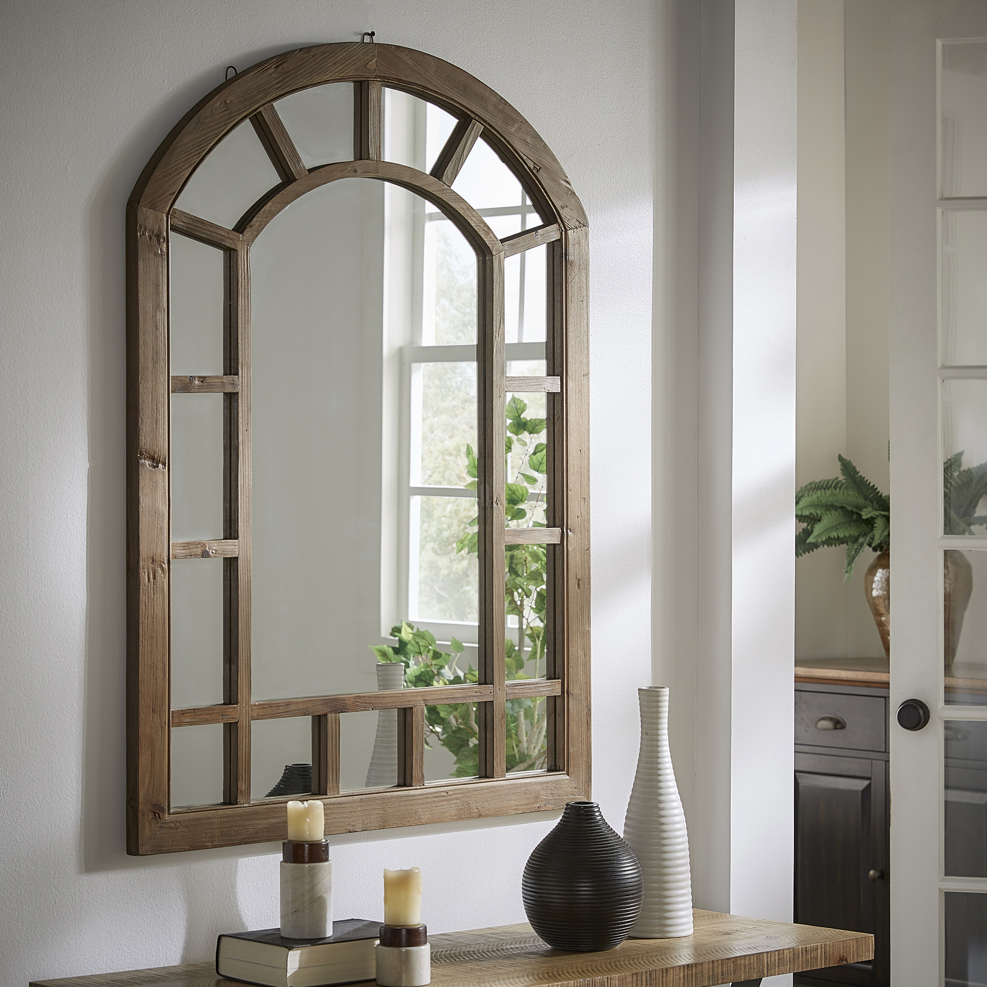Reclaimed Wood Arched Windowpane Wall Mirror