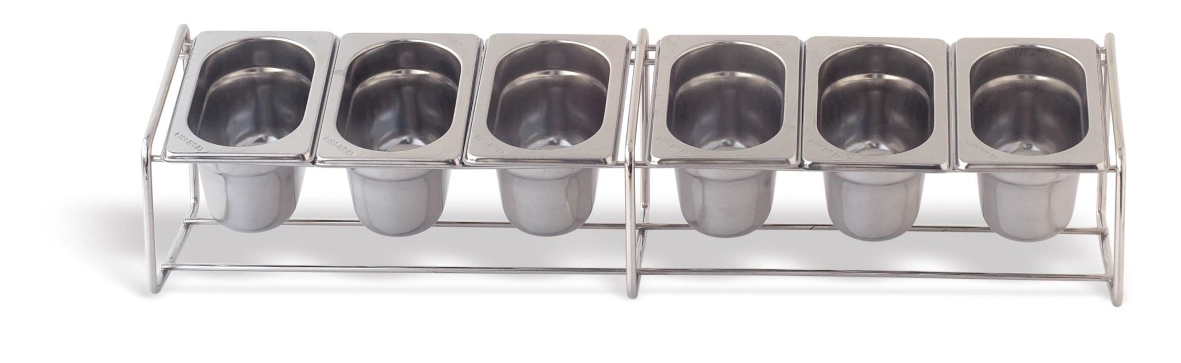 Soporte para cubetas GN PRO de acero inoxidable de 68 x 15 cm y 6 cubetas 1/9 de 100 mm de profundidad