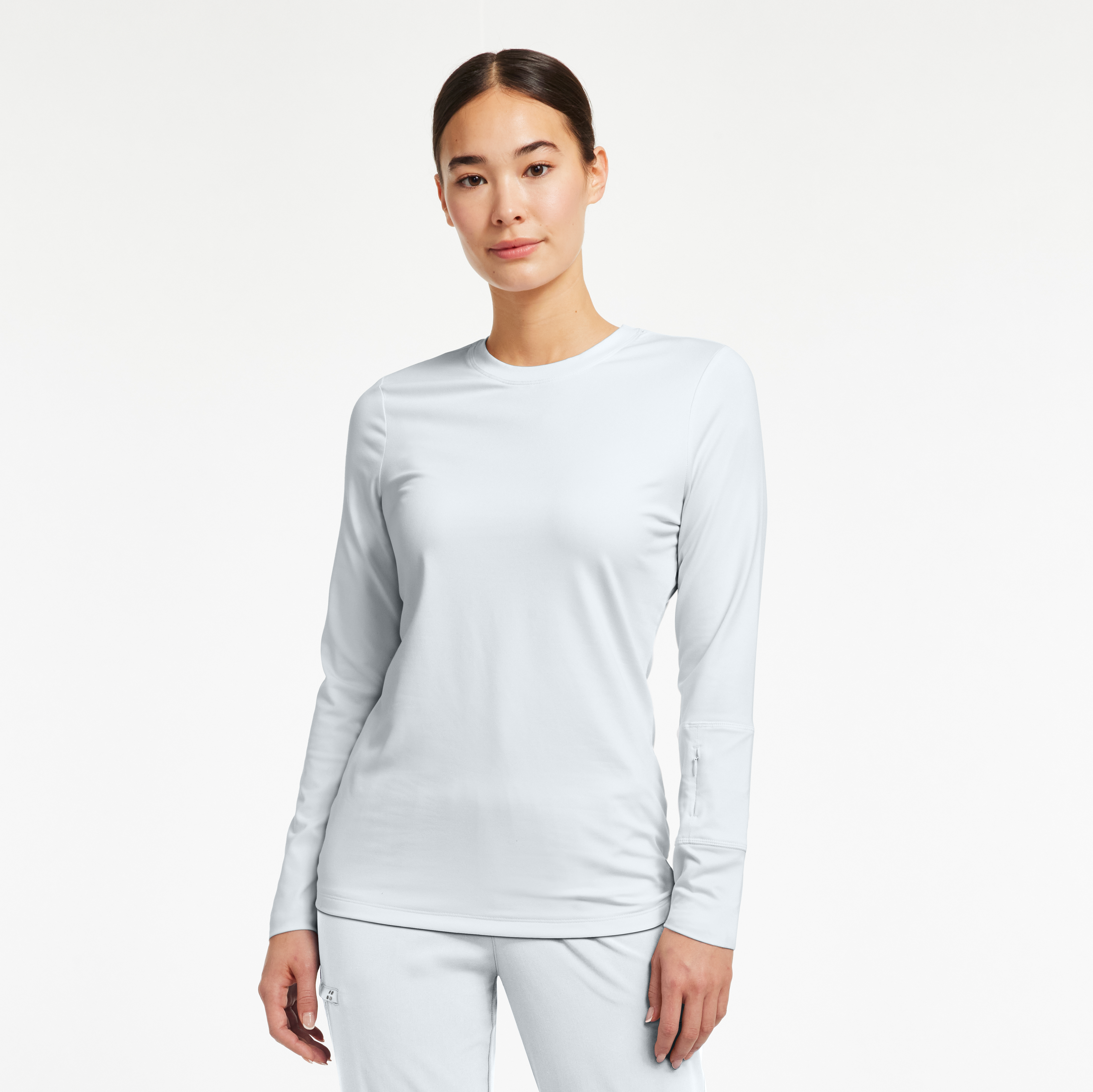 White Cross CRFT WT130 Women&#8216;s 4-Way Stretch Crew Neck Soft Knit Long-Sleeve Tuckable Tee with Hidden Zipper Pocket on Cuff-White Cross