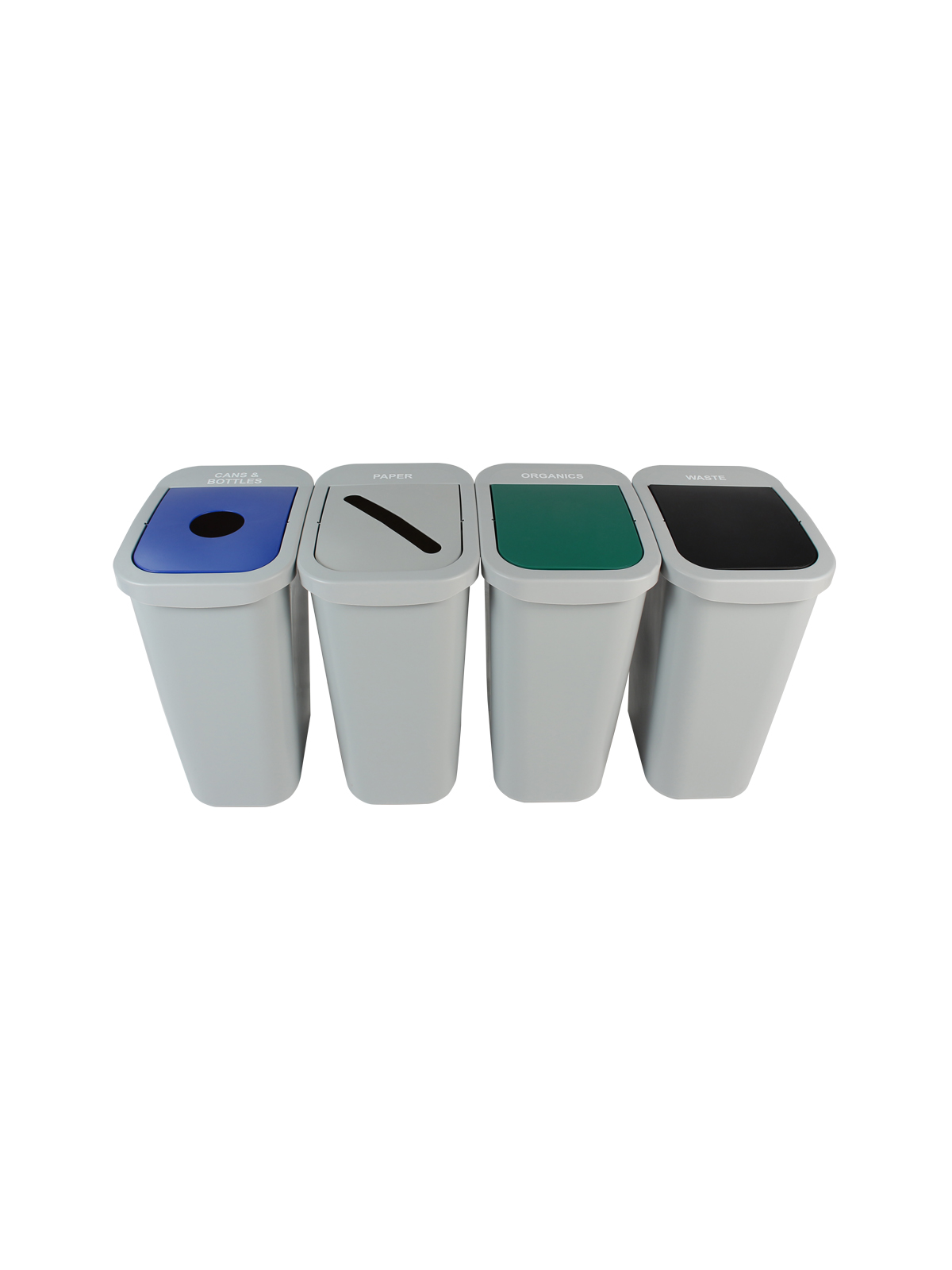 BILLI BOX – Quad – Kit – 10 G – Cans & Bottles-Paper-Organics-Waste – Circle-Slot-Swing-Swing – Grey-Blue-Grey-Green-Black