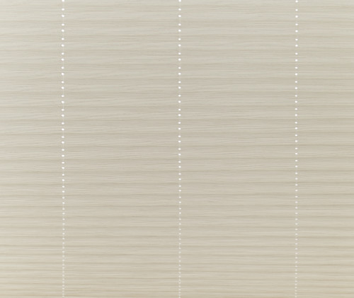 Beige horizontal cellular shades, fully closed with three vertical bead‑chain lines of small white dots; filtering soft daylight into a neutral interior, eliminating any outside view.