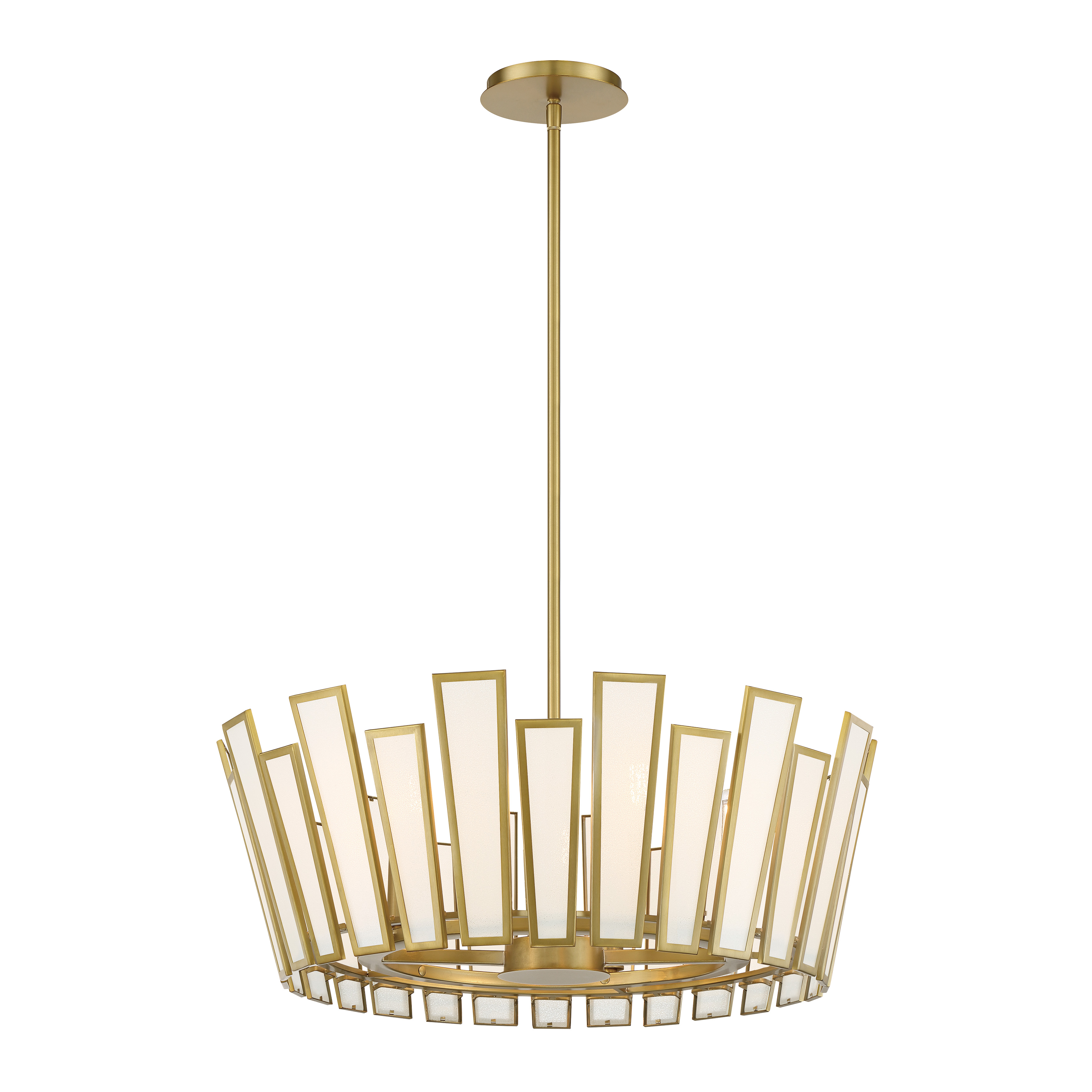 The Ricochet 5-Light Pendant combines contemporary design with warm metallic tones. Its 24-inch linear profile and soft brass finish make it perfect for kitchen islands and dining tables, while white silk glass shades provide soft, diffused illumination. - alternate view
