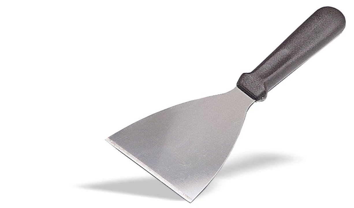 Espátula triangular de acero inoxidable de 10 cm con mango ABS negro