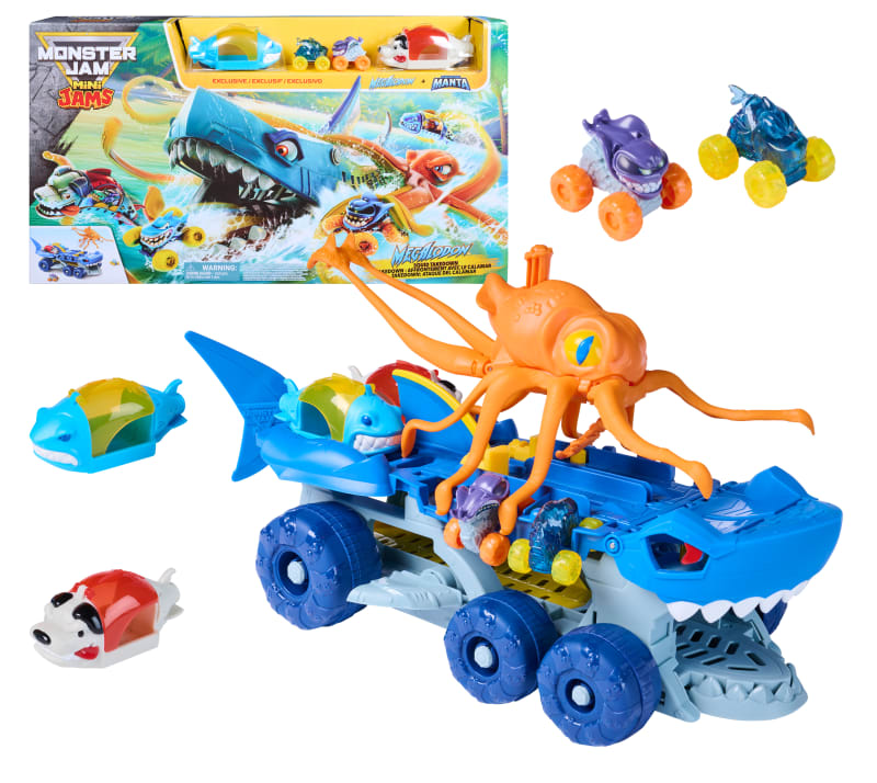 Monster Jam Mini Jams Megalodon Squid Takedown Playset with 2 Exclusive Mini Monster Trucks, Megalodon & Monster Manta, Kids Toys for Ages 3+