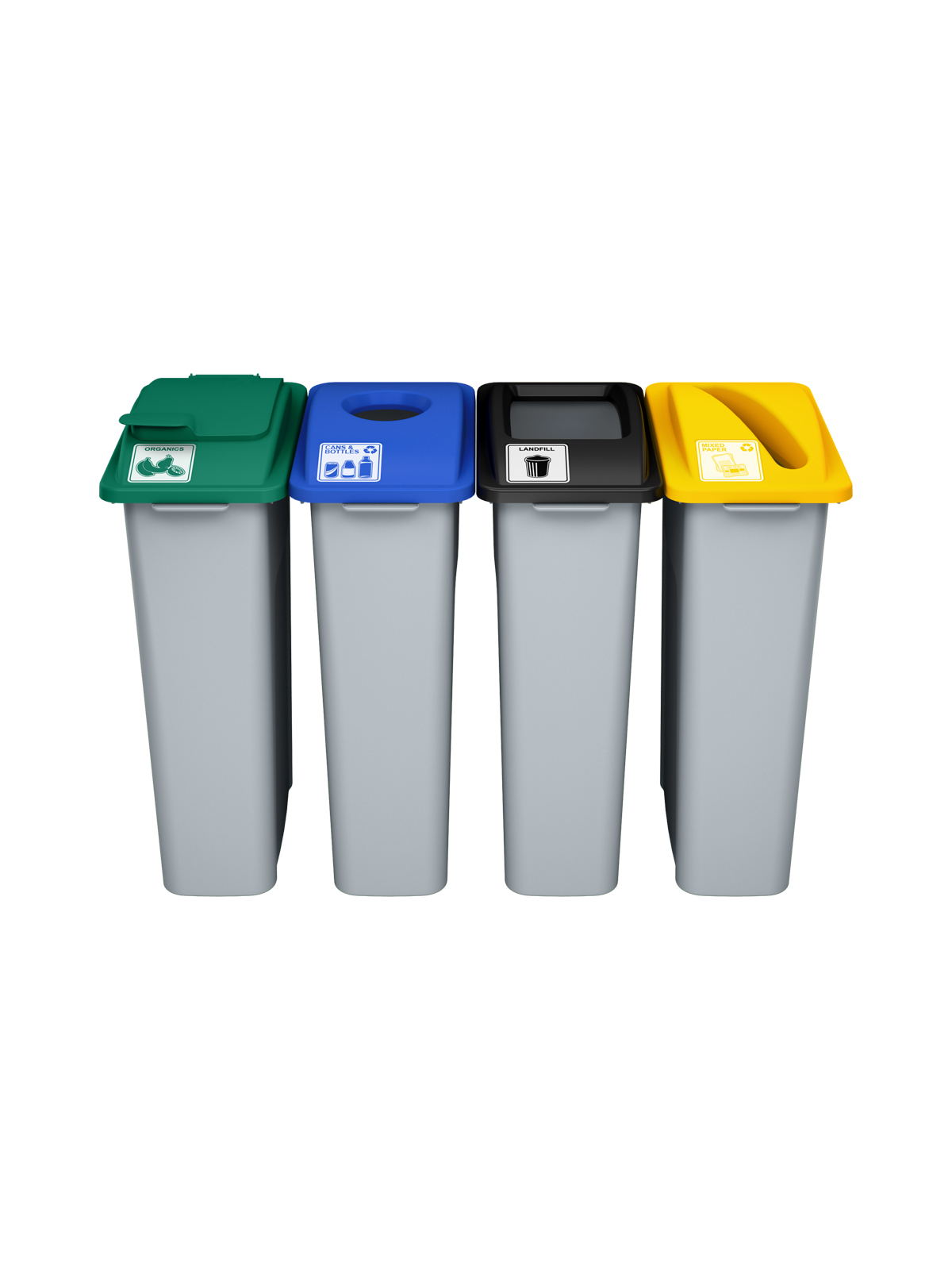 WASTE WATCHER – Quad – Kit – Organics-Cans & Bottles-Landfill-Mixed Paper – Solid Lift-Circle-Full-Slot – Grey-Green-Blue-Black-Yellow