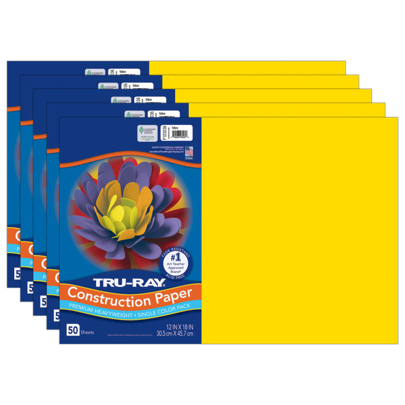 Construction Paper, Heavyweight, Yellow, 12" x 18", 50 Sheets Per Pack, 5 Packs