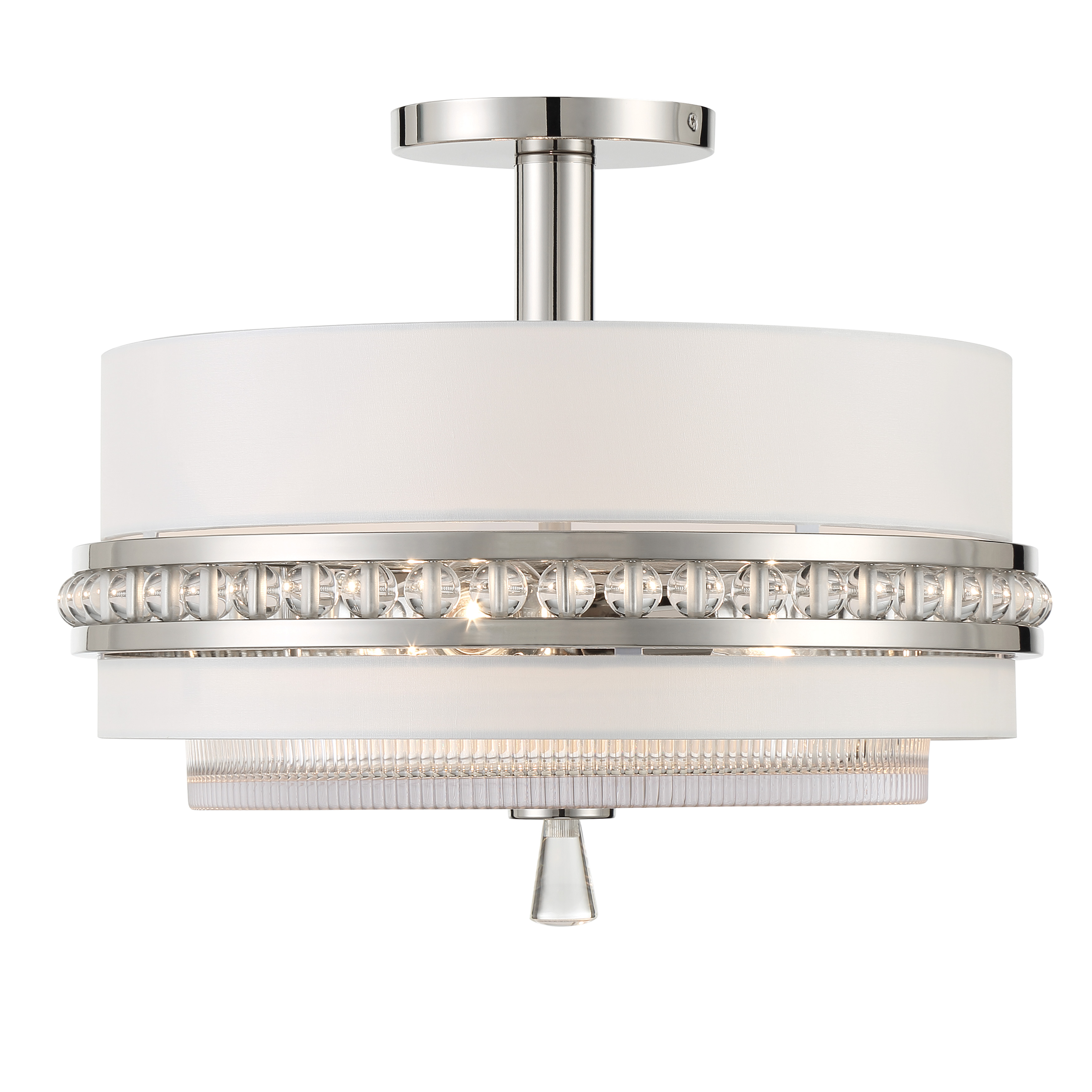 Robin Baron's Sutton fixture combines polished nickel hardware with a white silk fabric shade and clear ribbed glass for refined, diffused illumination. The dual-purpose design works as both semi-flush and pendant. - alternate view