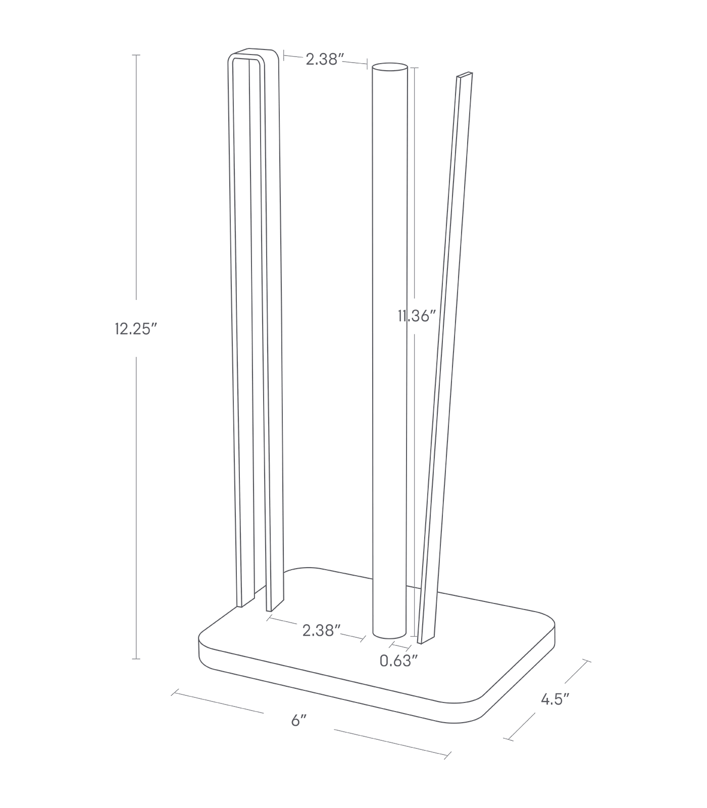 Dimension image for Paper Towel Holder showing total height of 12.25 inches, length of 4.5 inches, width of 6 inches 2.38 inches between the wooden bar and the steel bar, the wooden bar height of 11.36 inches and 0.63 inches between the wooden barn and the stopper