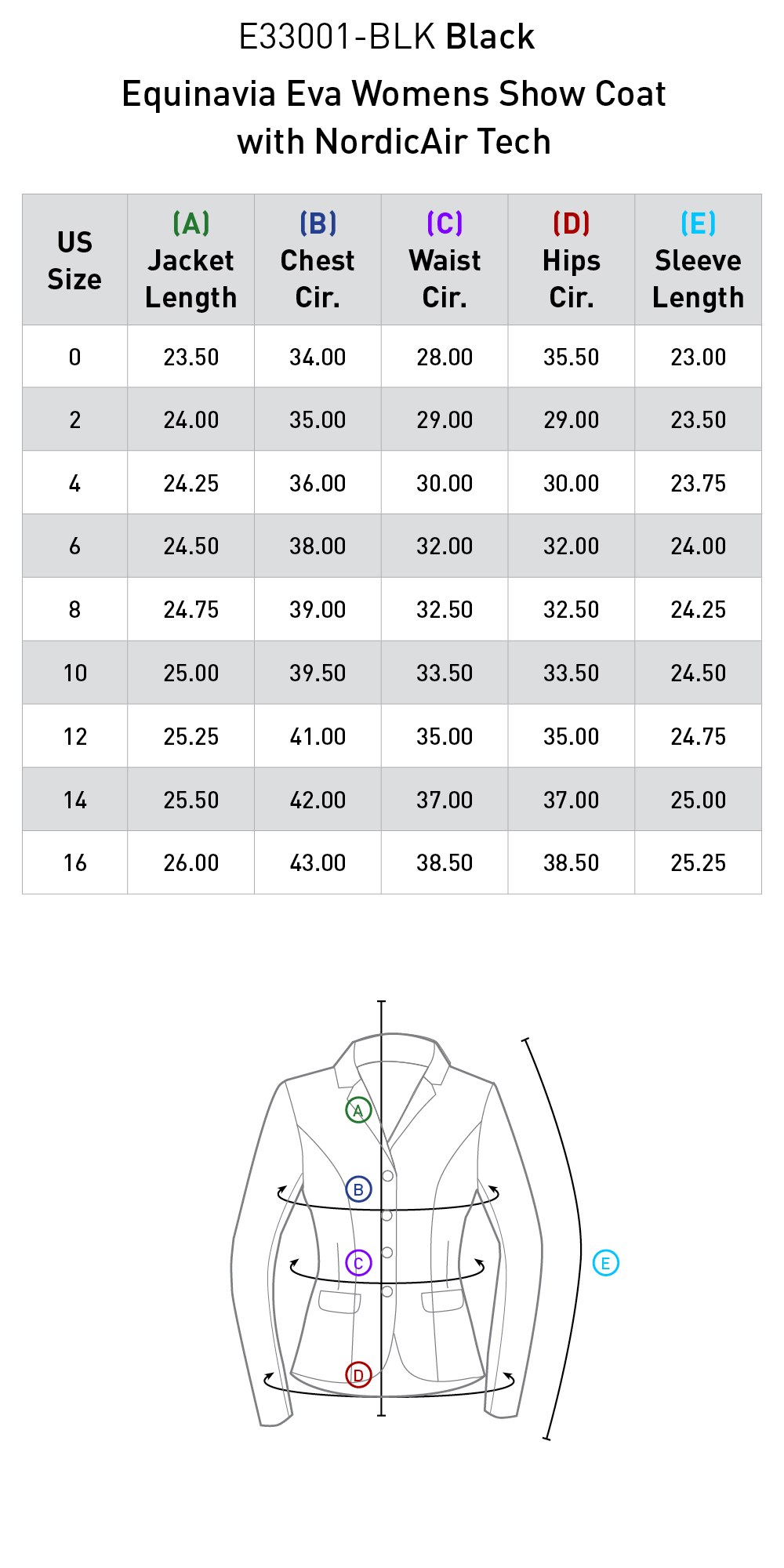 Size chart for Equinavia Eva Womens Show Coat with NordicAirÂ® Tech - Black