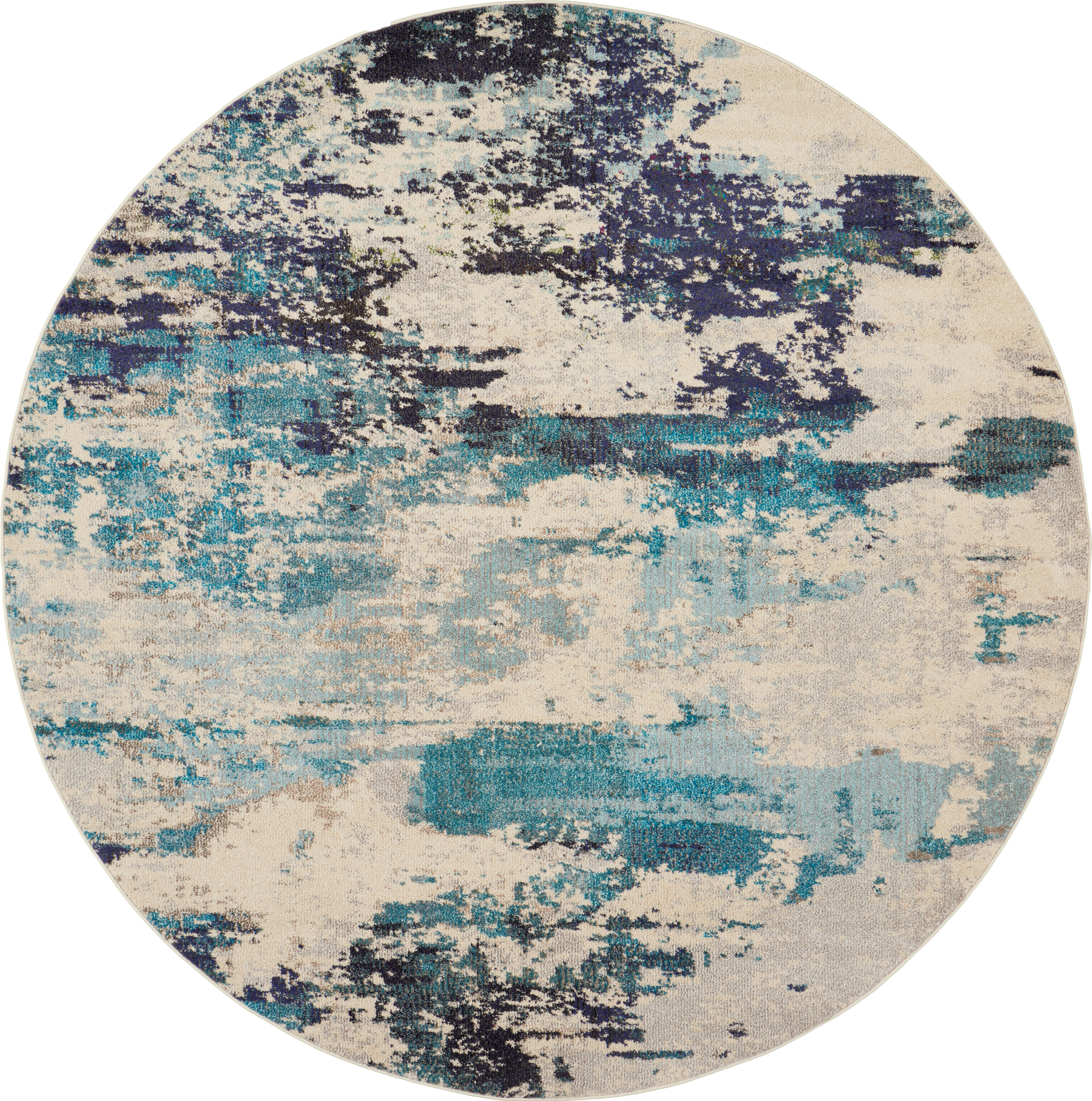 Nourison Celestial 7’10” x Round Ivory Teal Blue Modern Indoor Rug