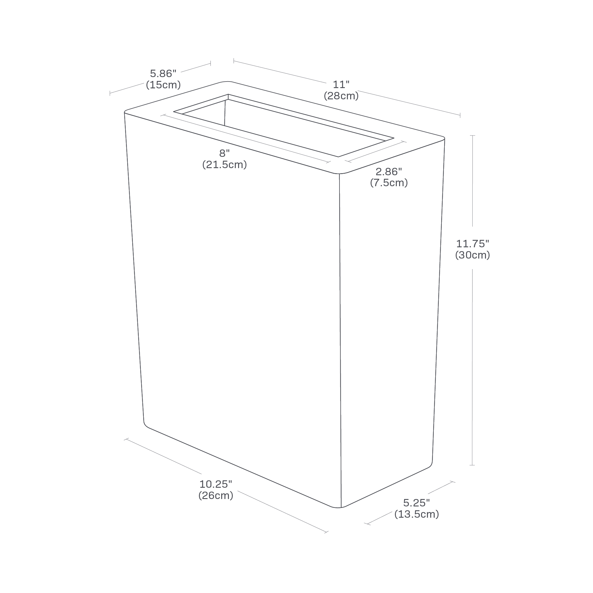 Image dimensionnelle pour poubelle sur fond blanc montrant une hauteur de 11,75 ", une largeur inférieure de 10,25 ", une longueur inférieure de 5,25 ", une largeur supérieure de 11 ", une longueur supérieure de 5,875 ", une largeur d