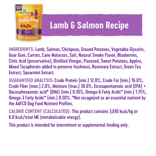 <p>Lamb, Salmon, Chickpeas, Ground Potatoes, Vegetable Glycerin, Guar Gum, Carrots, Cane Molasses, Salt, Natural Smoke Flavor, Blueberries, Citric Acid (preservative), Distilled Vinegar, Flaxseed, Sweet Potatoes, Apples, Mixed Tocopherols (added to preserve freshness), Rosemary Extract, Green Tea Extract, Spearmint Extract.</p>
