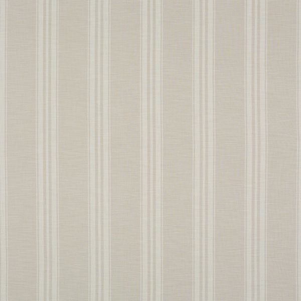 Beige-and-cream vertical striped wallpaper with alternating narrow and wide linen-texture bands, covering a flat wall surface and creating subtle vertical banding in even, neutral interior lighting.