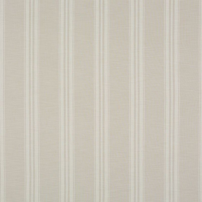 Beige-and-cream vertical striped wallpaper with alternating narrow and wide linen-texture bands, covering a flat wall surface and creating subtle vertical banding in even, neutral interior lighting.