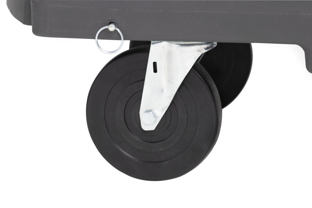 Flatbed utility dolly in dark gray with 5” casters and straps