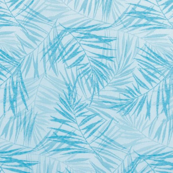 Light-blue fabric or wallpaper patterned with overlapping turquoise palm fronds; print repeats across a flat surface, suggesting a tropical-themed wall or textile under diffuse light.