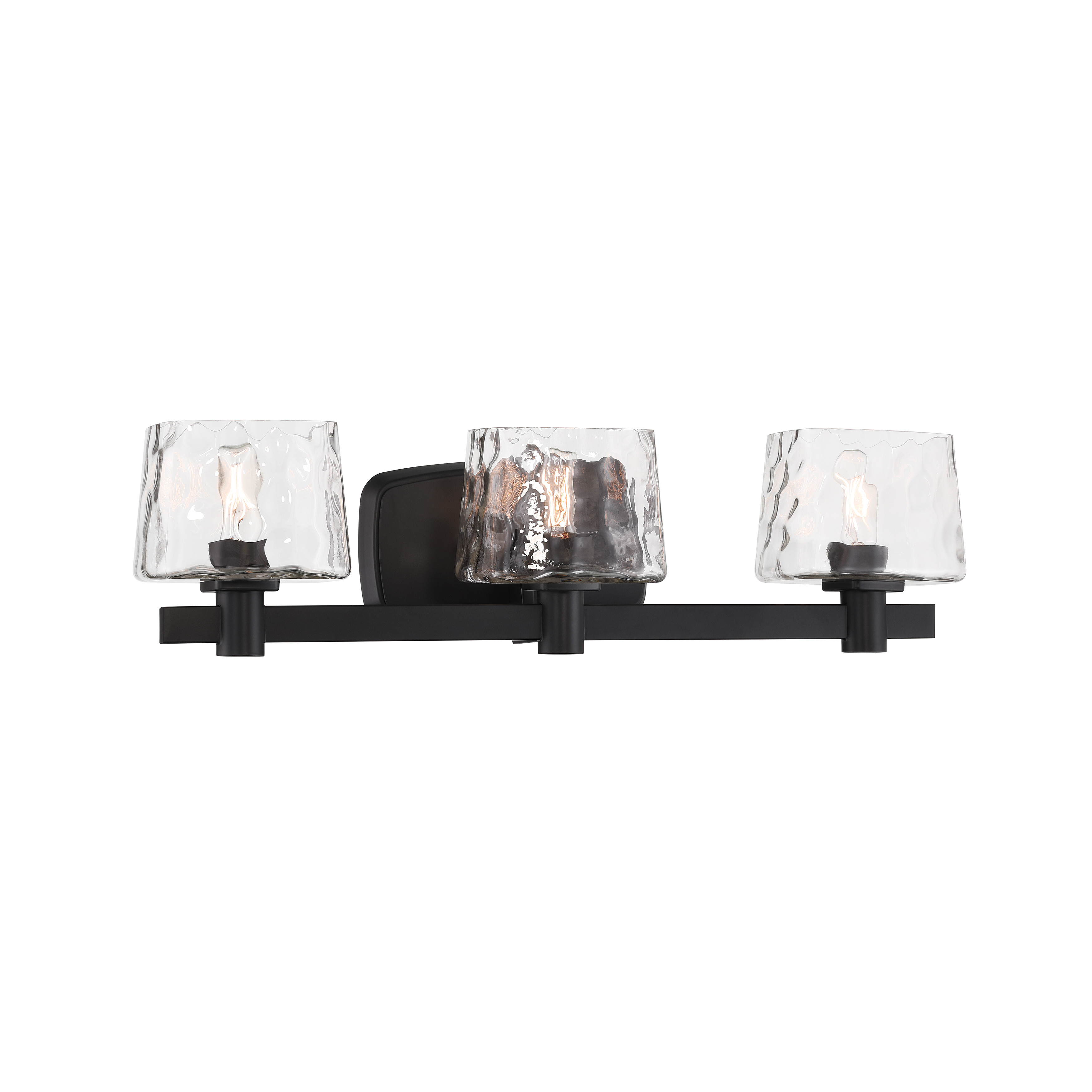 The Drysdale 3-light vanity combines industrial charm with modern functionality. Its coal black finish and hammered glass shades create visual interest, while the reversible mounting offers installation flexibility. - alternate view