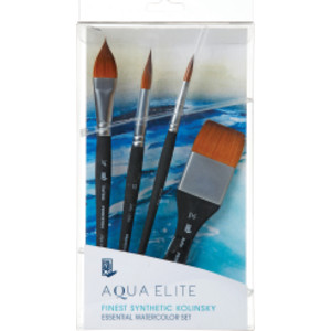 Aqua Elite Brush Box Set, Synthetic Bristles, Short Handle Watercolor Paintbrush, Matte Black, 4 Pieces