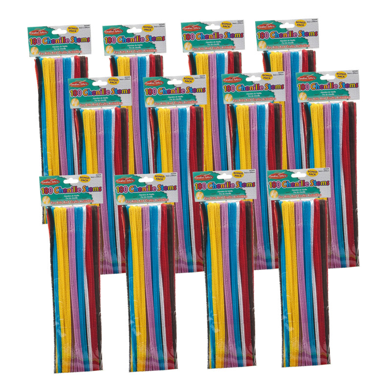 Chenille Stems, Jumbo Fluffy Thick Stem, 6mm x 12", Assorted Colors, 100 Per Pack, 12 Packs