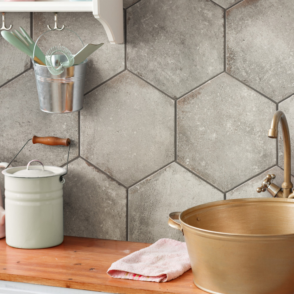 D’Anticatto Hex Grigio 11 in. x 12-3/4 in. Porcelain Floor and Wall Tile
