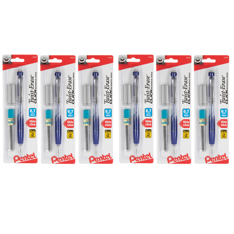 Twist-Erase Click Mechanical Pencil (0.7mm) Clear Barrel, 1-Pack with Lead & 2 Erasers, Pack of 6