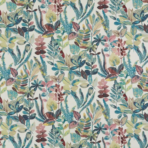 Floral-patterned wallpaper swatch laid flat, displaying overlapping stylized leaves and ferns in teal, pink, green, and ochre; a repeating decorative motif on a white background for interiors.