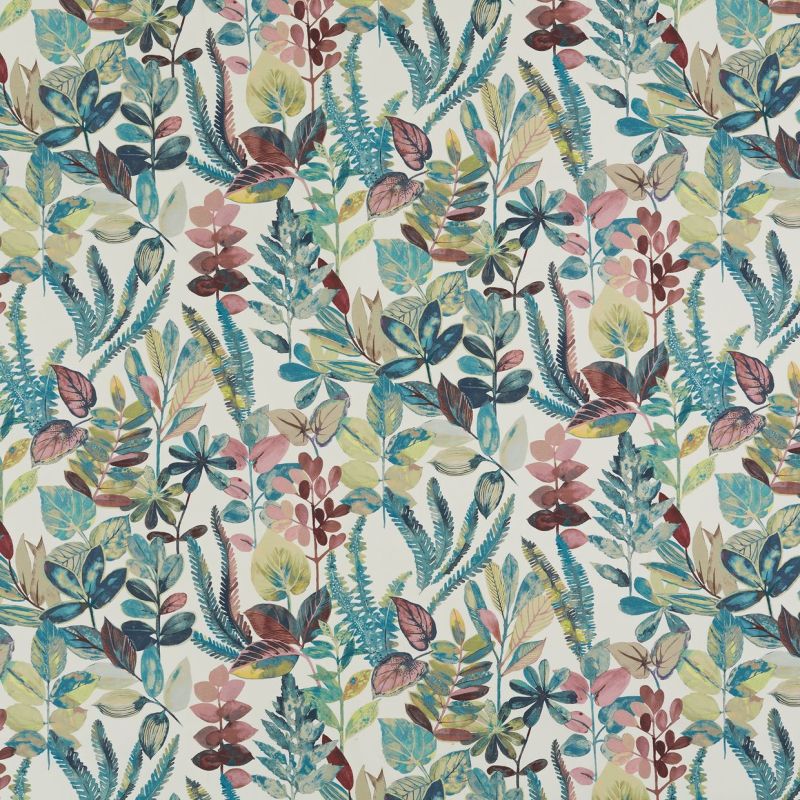 Floral-patterned wallpaper swatch laid flat, displaying overlapping stylized leaves and ferns in teal, pink, green, and ochre; a repeating decorative motif on a white background for interiors.