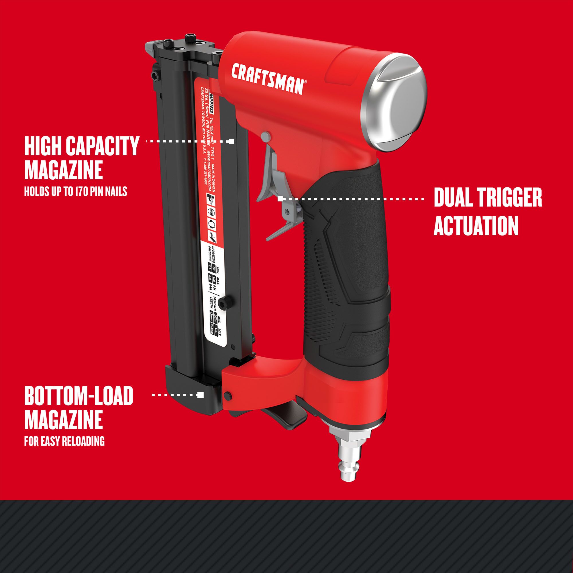 Graphic of CRAFTSMAN Nailer: Pin highlighting product features