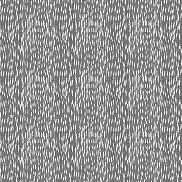 Grey textured wallpaper covered in vertical, repeating oval motifs of short white dashes; forming a consistent, rhythmic pattern on a flat interior surface under neutral lighting.