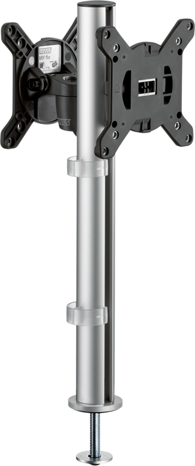 A dual monitor arm set with a drill screw mount for comfortable display of two monitors.