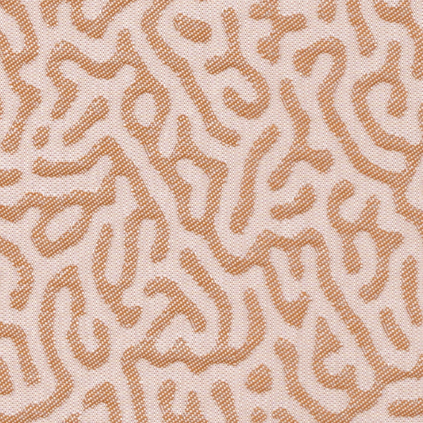 Tan squiggles snake across a pale pink, textured fabric surface, forming an irregular, maze-like dotted pattern that repeats uniformly across the full frame.